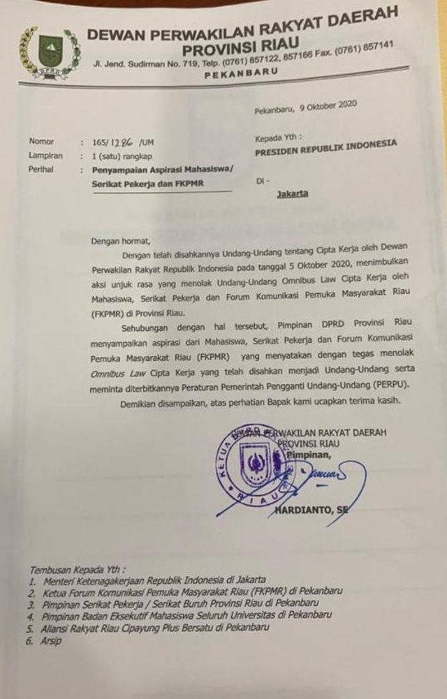 Tolak UU Omnibus Law, DPRD Riau Kirim Surat Desak Presiden Terbitkan Perppu (398693)