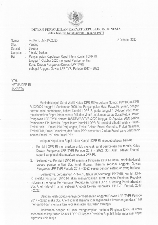 DPR Berhentikan Ketua Dewas TVRI Arief Hidayat Thamrin (8968)
