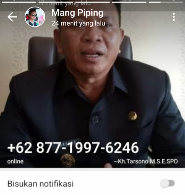 Gambar Screenshoot akun WhatsApp yang mengatasnamakan wakil Bupati Majalengka Tarsono D Mardiana. (Capture/Oki Kurniawan)