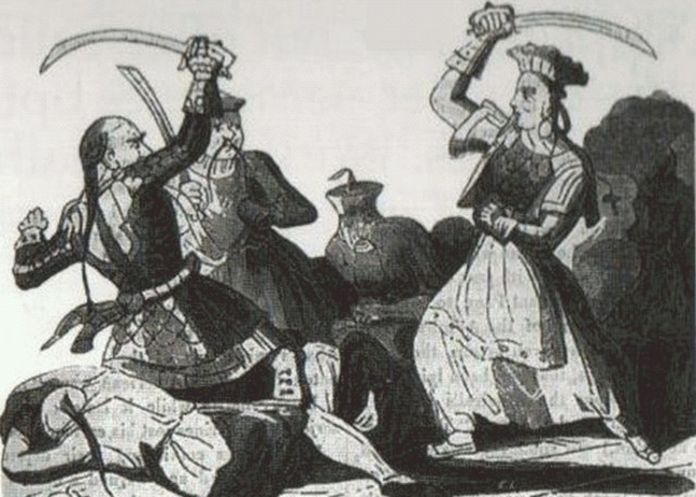 Sketsa dari tahun 1800-an menggambarkan Ching Shih (kanan) dalam pertempuran. Foto: commons.Wikimedia.org