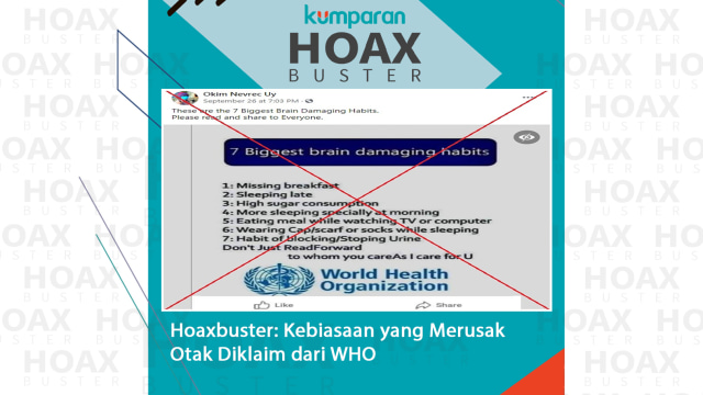 Hoaxbuster: Kebiasaan yang Merusak Otak Diklaim dari WHO. Foto: AFP