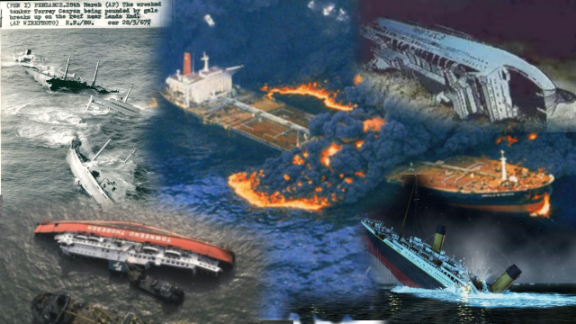 Foto kecelakaan Titanic, Torrey Canyon, Exxon Valdez, Estonia, dan Herald of Free Enterprise (dari berbagai sumber).