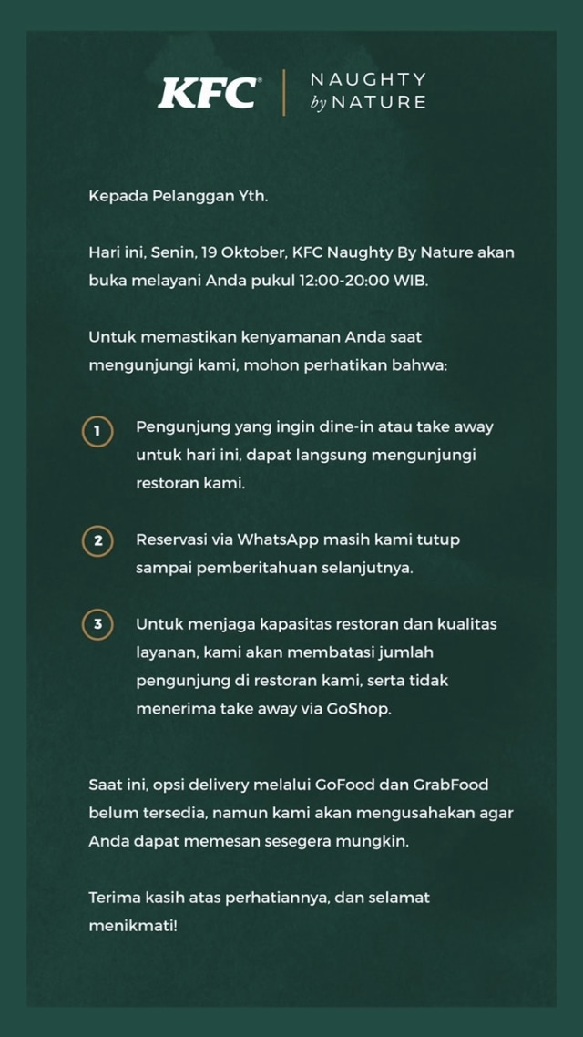 Usai Diciduk Satpol PP, KFC Senopati Umumkan Peraturan Buka-Tutup di Instagram (28478)