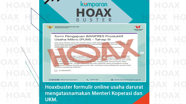 Hoaxbuster formulir online usaha darurat mengatasnamakan Menteri Koperasi dan UKM.
 Foto: Kemenkopukm