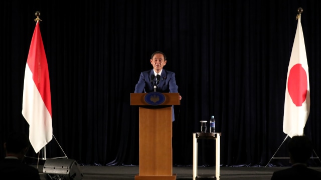 Konferensi Pers PM Jepang Yoshihide Suga di Ballroom Hotel Fairmont, Jakarta.
 Foto: The Yomiuri Shimbun