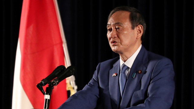 Konferensi Pers PM Jepang Yoshihide Suga di Ballroom Hotel Fairmont, Jakarta.
 Foto: The Yomiuri Shimbun