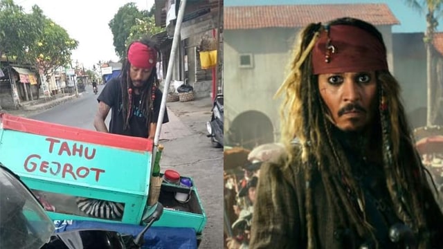 Jack Sparrow tengah jualan tahu gejrot. (Foto: Dink's Setoe Cherbond/Facebook/IMDB)