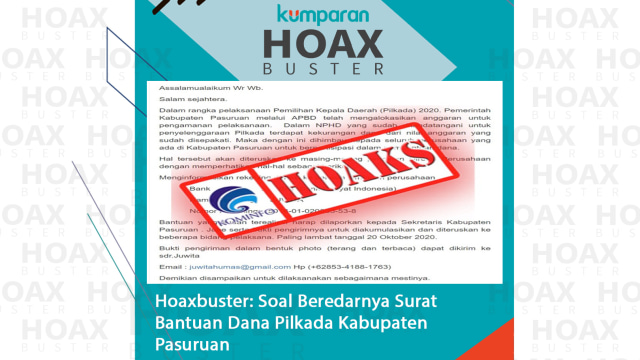 Hoaxbuster soal beredarnya surat bantuan dana Pilkada Kabupaten Pasuruan.
 Foto: Kominfo