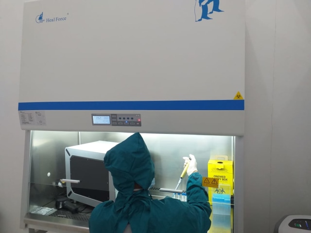 Petugas Laboratorium PT Well Harvest Winning Alumina Refinery memeriksa sampel usap tenaga medis RSUD Agoesdjam Ketapang, dengan menggunakan metode PCR TCM, pada Sabtu (24/10). Bantuan ini merupakan bagian Program CSR bidang kesehatan yang berkelanjutan PT WHW dalam penanganan COVID-19 di Kalbar. Foto: Dok PT WHW