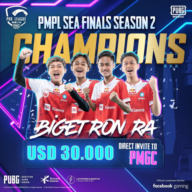 PMPL SEA Finals Season 2 Menobatkan Bigetron Red Aliens sebagai Juara Asia Tenggara.
 Foto:  Dok: PUBG Mobile