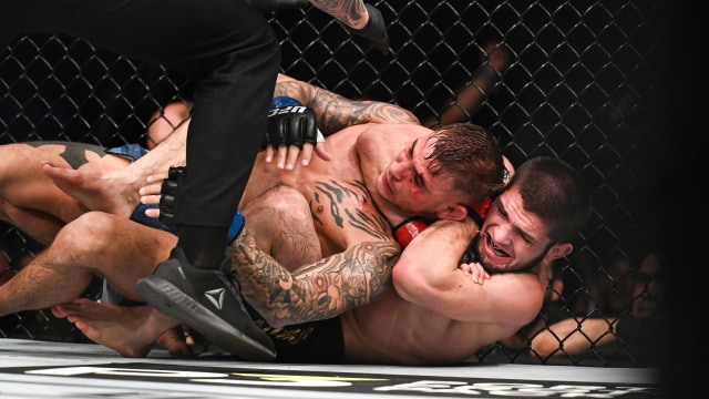 Pertandingan antara Khabib Nurmagomedov (atas) melawan Dustin Poirier saat UFC 242 di The Arena pada (7/ 9/2019). Foto: Haljestam-USA TODAY Sports/Reuters