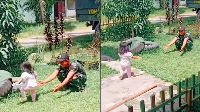 Pertemuan tentara dengan anaknya. (Foto: @trending_youtube_/Instagram)