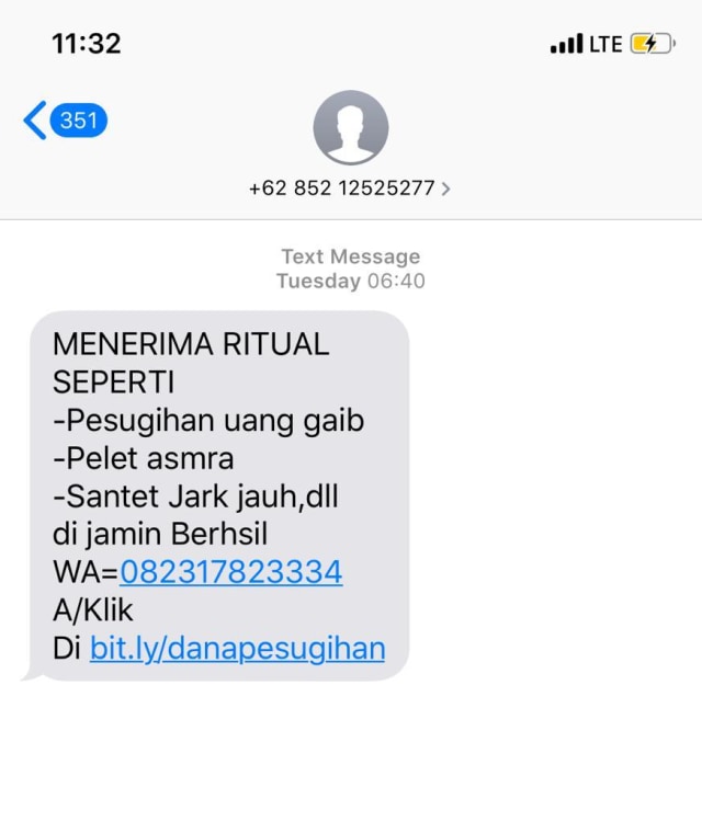 SMS spam iklan pesugihan online. Foto: istimewa