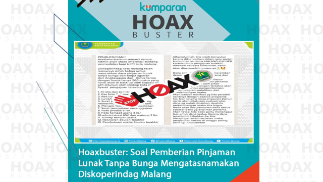 Hoaxbuster soal pemberian pinjaman lunak tanpa bunga mengatasnamakan Diskoperindag Malang.
Foto: Facebook/@malangkota.go.id
