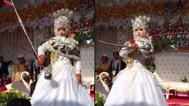 Pengantin perempuan beraksi menjadi mayoret di pernikahannya. (Foto: @santi_hennaart/TikTok)