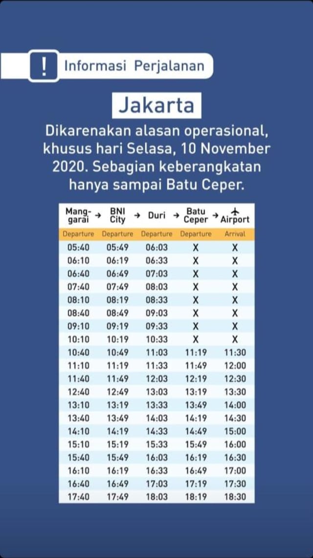 Jadwal KA Bandara terbaru khusus 10 November 2020 Foto: Instagram @kabandararailink