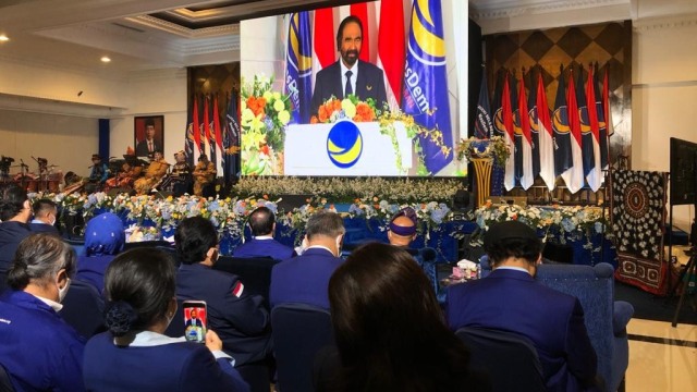 Ketua Umum NasDem Surya Paloh berbicara pada perayaan HUT ke-9 NasDem di Akademi Bela Negara NasDem, Rabu (11/11). Foto: NasDem