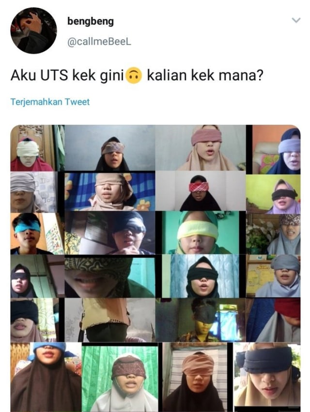 Viral mata siswa ditutup pakai kain saat ujian online berlangsung. (Foto: Twitter/@callmeBeel)