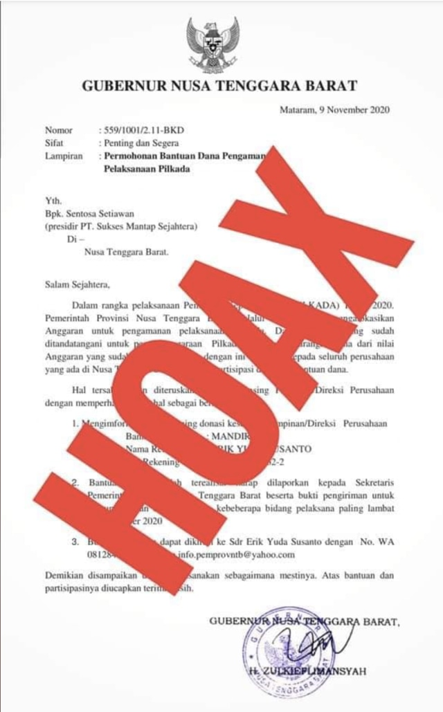 Hoaxbuster: Soal Surat Gubernur NTB Minta Bantuan Pengamanan Pilkada 2020 (33437)