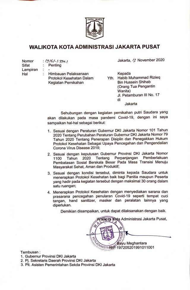 Surat dari Pemerintah Jakarta Pusat kepada Habib Rizieq terkait protokol kesehatan dalam pelaksanaan pernikahan (hal 1). Foto: Dok. Istimewa
