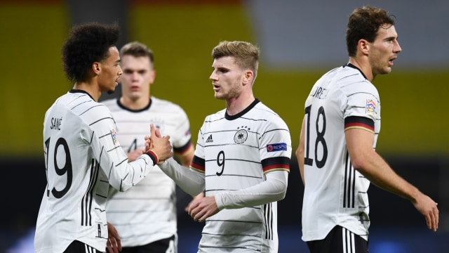 Selebrasi pemain timnas Jerman usai mecetak gol ke gawang timnas Ukraina pada pertandingan UEFA Nations League di Red Bull Arena, Leipzig, Jerman. Foto: Annegret Hilse/REUTERS