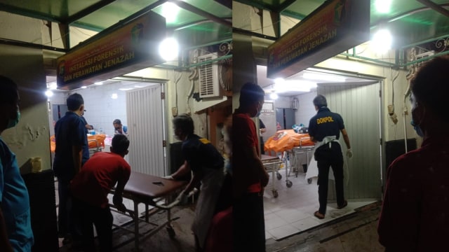 SUASANA otopsi tiga jenazah terdiri dari seorang ibu dan dua anaknya masing-masing berumur 2 tahun dan 6 bulan, Senin malam (17/11/2020), di RS Bhayangkara Polda Riau. 