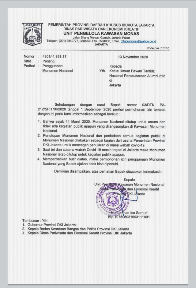 Sesuai Arahan Anies, Pemprov DKI Tolak Izin Reuni 212 di Monas (58148)
