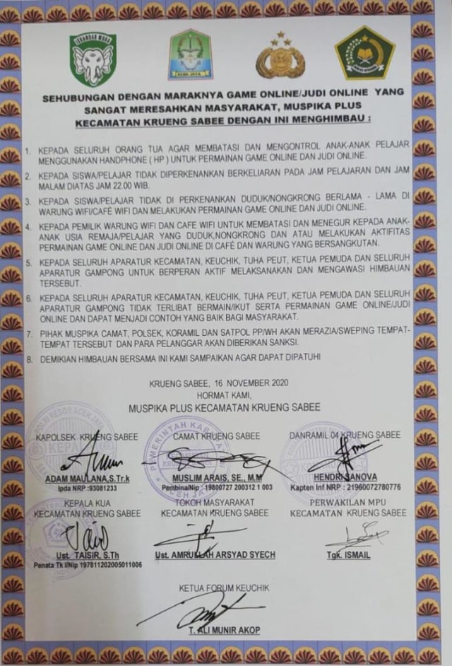 Imbauan Muspika Krueng Sabee di Kabupaten Aceh Jaya sehubungan dengan maraknya game online/juni online. Foto: Kiriman Camat Krueng Sabee