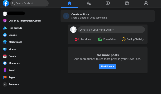 Tampilan Dark Mode Facebook. Sumber: Tangkapan Layar Penulis