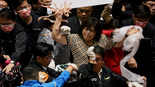 Anggota parlemen Taiwan saling melempar usus babi di parlemen, Taipei, Taiwan. Foto: Ann Wang/REUTERS