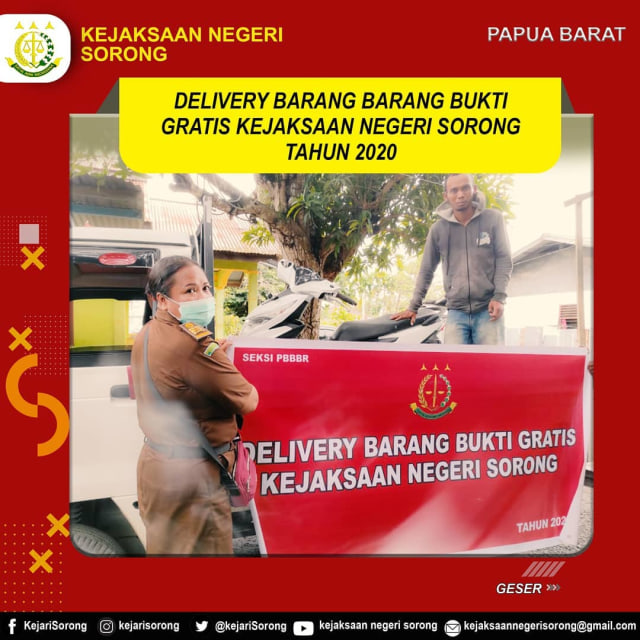 Foto: Delivery barang bukti gratis berupa motor Kejaksaan Negeri Sorong Tahun 2020 (instagram.com/kejarisorong/)