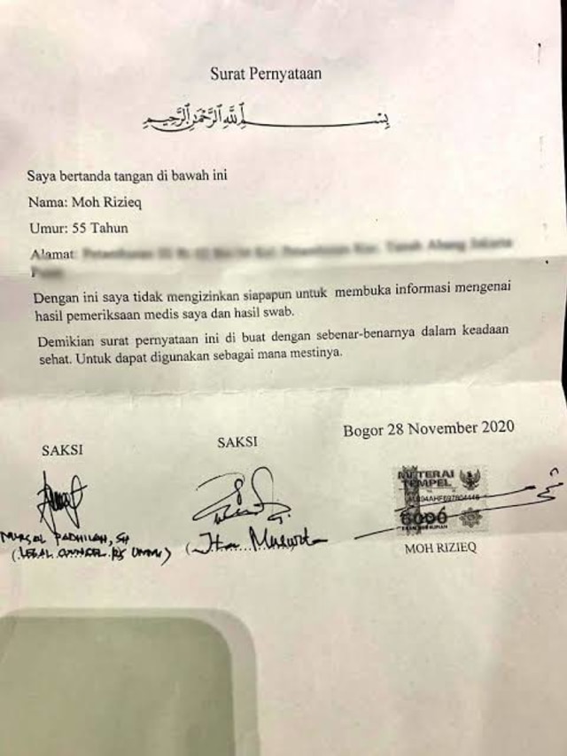 Surat pernyataan Habib Rizieq Syihab tolak hasil swab dipublikasikan. Foto: Dok. Istimewa