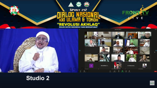 Habib Rizieq Syihab hadir secara virtual di Dialog Nasional Reuni 212, Rabu (2/12). Foto: Front TV