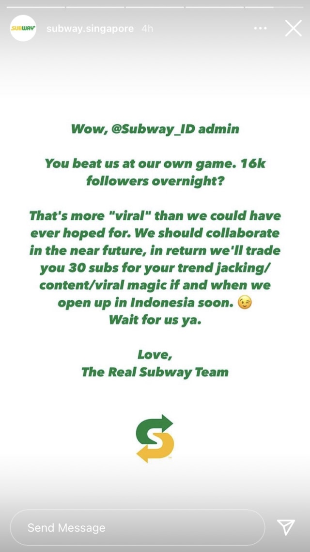 Akun Subway Indonesia Hoaks, Subway Singapura ke Netizen: Wait For Us Ya (14444)