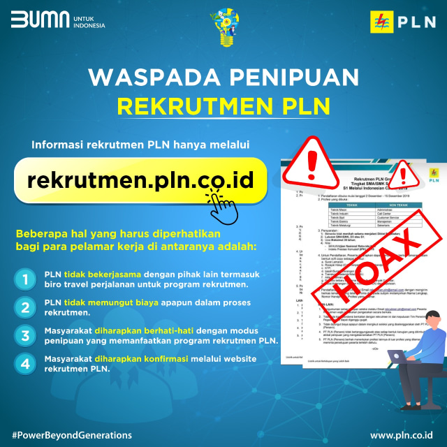 Waspada penipuan mengatasnamakan rekrutmen PLN. Foto: Dok. PLN