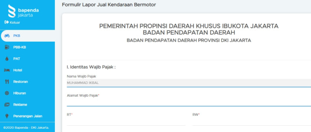 Halaman formulir lapor jual kendaraan bermotor. Foto: dok. Pajakonline.jakarta.go.id