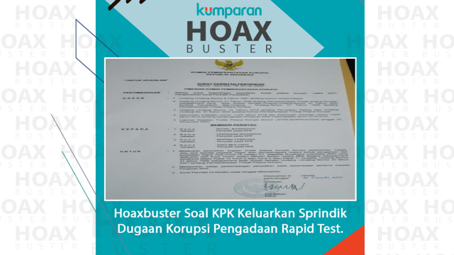 Hoaxbuster soal KPK keluarkan Sprindik dugaan korupsi pengadaan rapid test. Foto: Dok. Istimewa