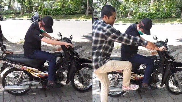 Crazy Rich Surabayan mencoba naik motor Honda Supra Fit. (Foto: @andysugarr/TikTok)