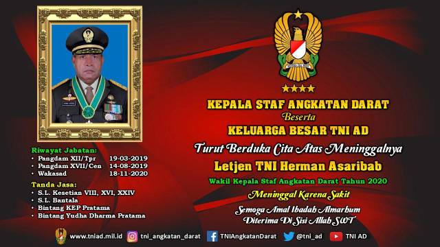 Letjen TNI Herman Asaribab meninggal dunia. Foto: TNI AD