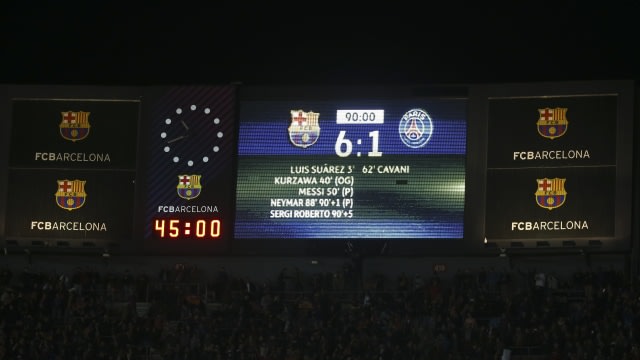Terakhir kali Barcelona dan PSG berduel melahirkan skor ini. (Foto: Sergio Perez/Reuters)