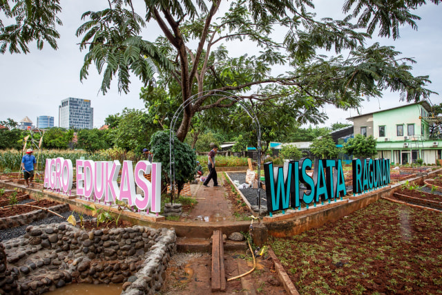 Pekerja menyelesaikan pembangunan kawasan Agro Edukasi Wisata Ragunan di Jakarta, Senin (14/12). Foto: Dhemas Reviyanto/ANTARA FOTO