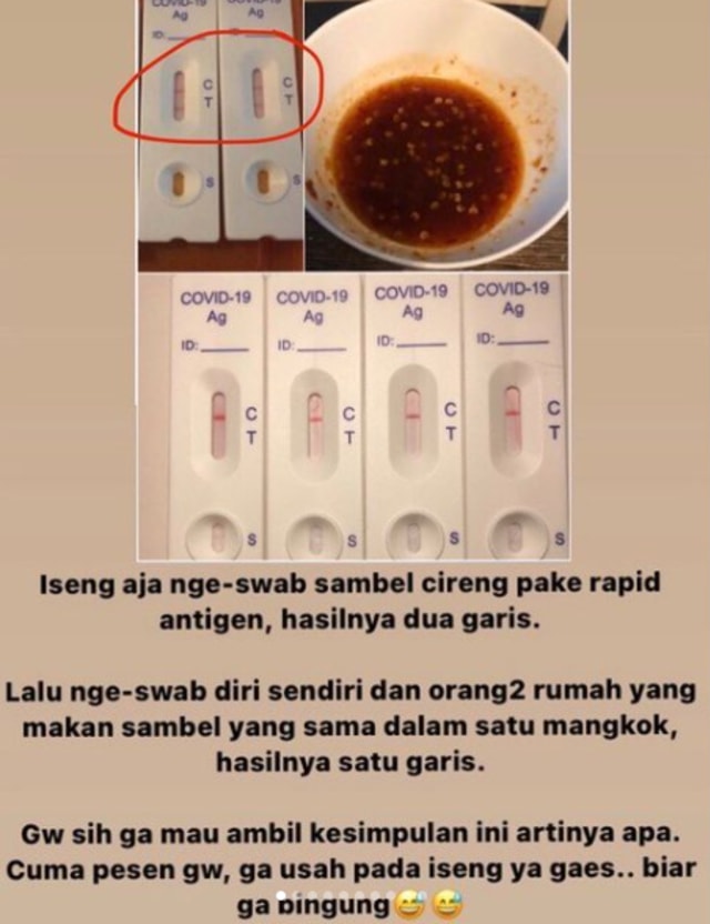 Postingan Rina Nose soal Rapid Test Antigen sambal Cireng. Foto: Instagram/rinanose16