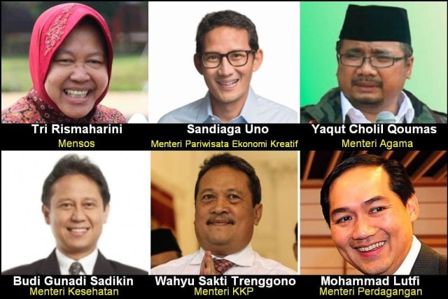 Enam Menteri hasil reshuffle kabinet: Risma, Sandi, Yaqut, Budi, Wahyu, Luthfi (Fhoto: int)