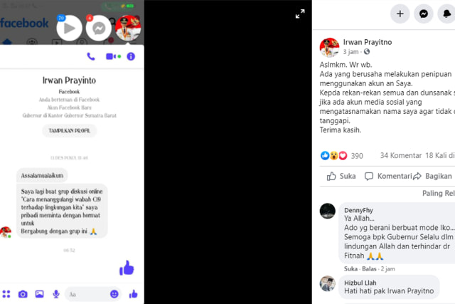 Screenshot klarifikasi resmi dari Irwan Prayitno yang disebarkan di akun facebook resmi nya terkait adanya akun palsu (kiri). ist