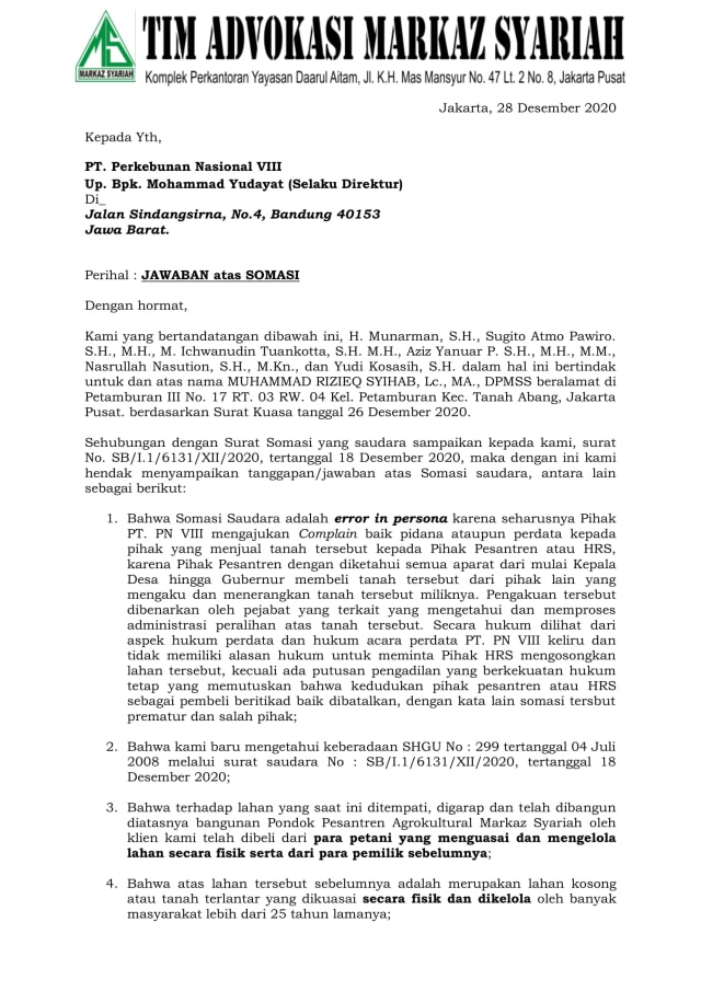Surat jawaban atas somasi PTPN. Foto: FPI
