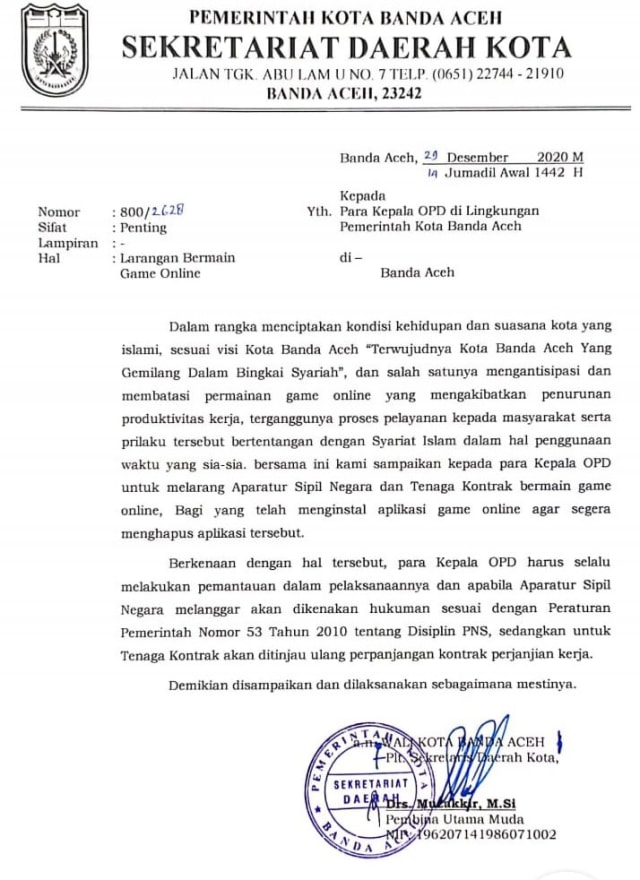 Pemerintah Kota Banda Aceh mengeluarkan surat edaran berupa larangan bermain game online bagi para Aparatur Sipil Negara (ASN) dan Tenaga Kontrak. Foto: Dok. Istimewa