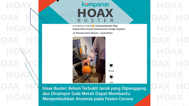 Hoax Buster: Belum terbukti jeruk yang dipanggang dan dicampur gula merah dapat membantu menyembuhkan anosmia pada pasien corona. Foto: Dok. Istimewa