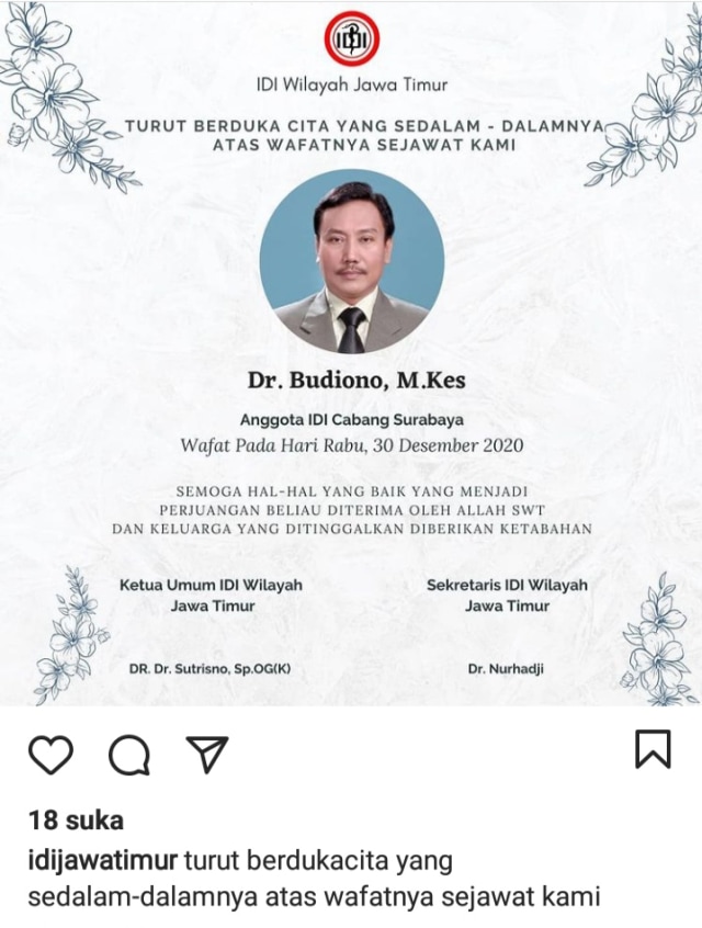 Tangkapan layar unggahan duka cita di Instagram IDI Jatim atas meninggalnya Dr dr Budiono MKes, Rabu (30/12).﻿
