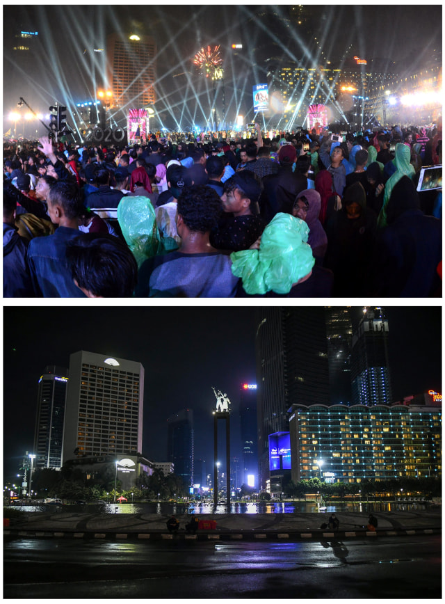 Foto kolase suasana perayaan malam pergantian tahun 2020, sebelum adanya pandemi COVID-19 (atas) dan pergantian tahun 2021 saat pandemi COVID-19 (bawah), di kawasan Bundaran Hotel Indonesia, Jakarta, Jumat (1/1). Foto: Aditya Pradana Putra dan Galih Pradipta/ANTARA FOTO