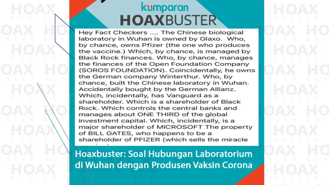 Hoaxbuster: Soal Hubungan Laboratorium di Wuhan dengan Produsen Vaksin Corona.
 Foto: facebook.com/RobertEddowes